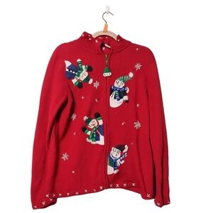 Vintage Christmas Snowman Zip-Up Sweater Cardigan Red Large Festive Holiday Knit